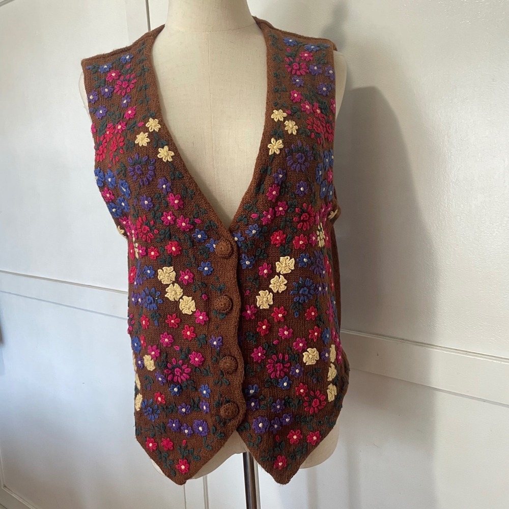 Sostanza Vintage Floral Embroidered Sweater Vest Brown Ramie Cotton Small Womens